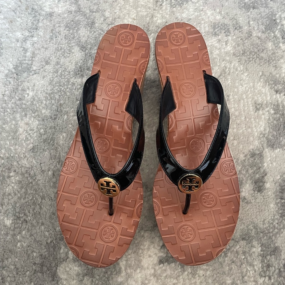 Tory Burch Black and Tan Wedge Sandals